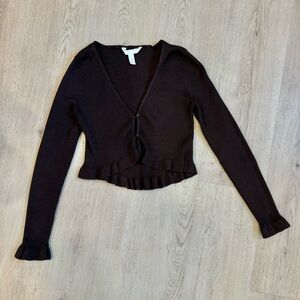 Brown Ribbed Ruffle Tie Front Long Sleeve Top